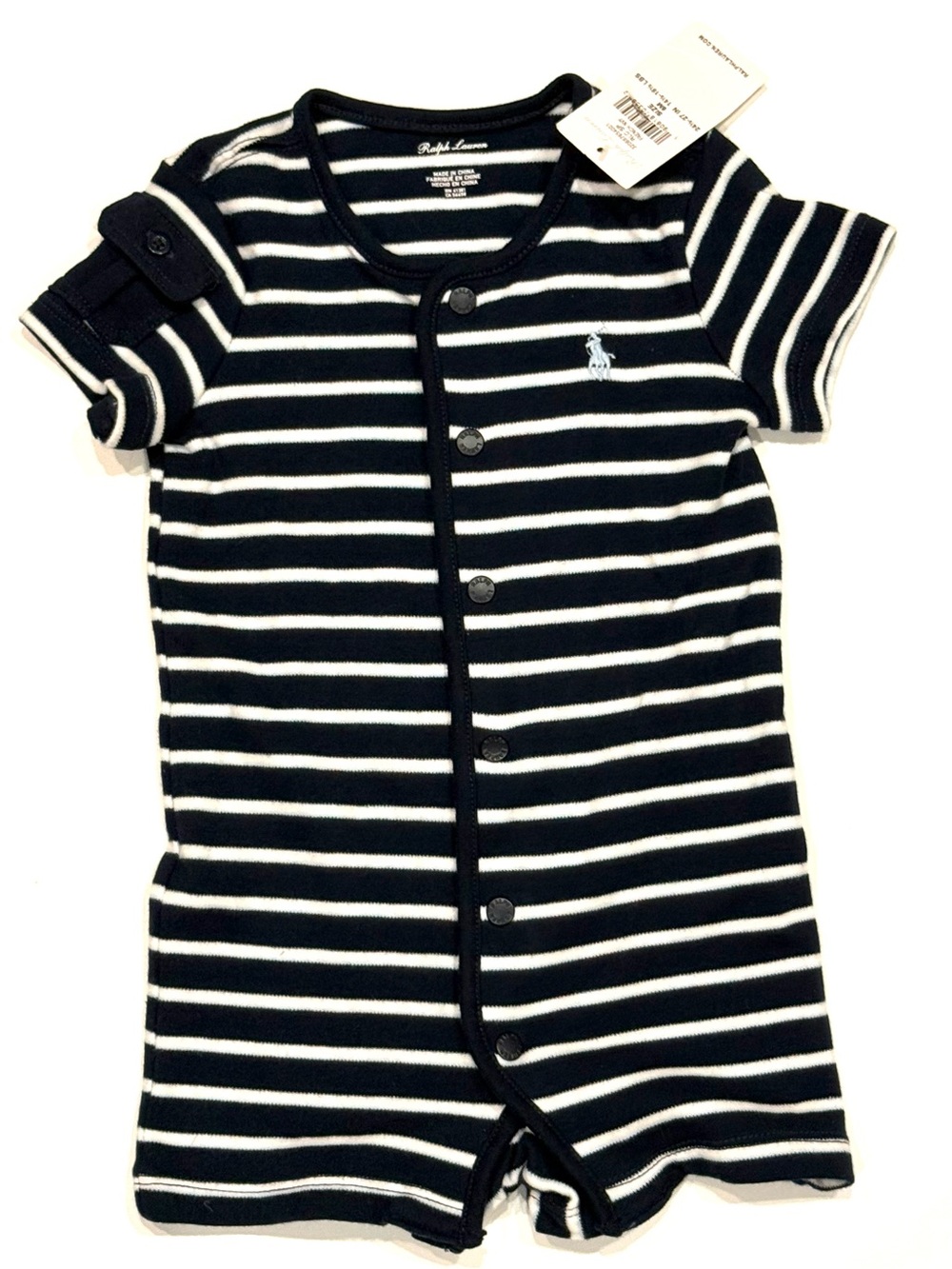 NWT Ralph Lauren Baby Navy White Striped Romper One Piece 6M Short Sleeve